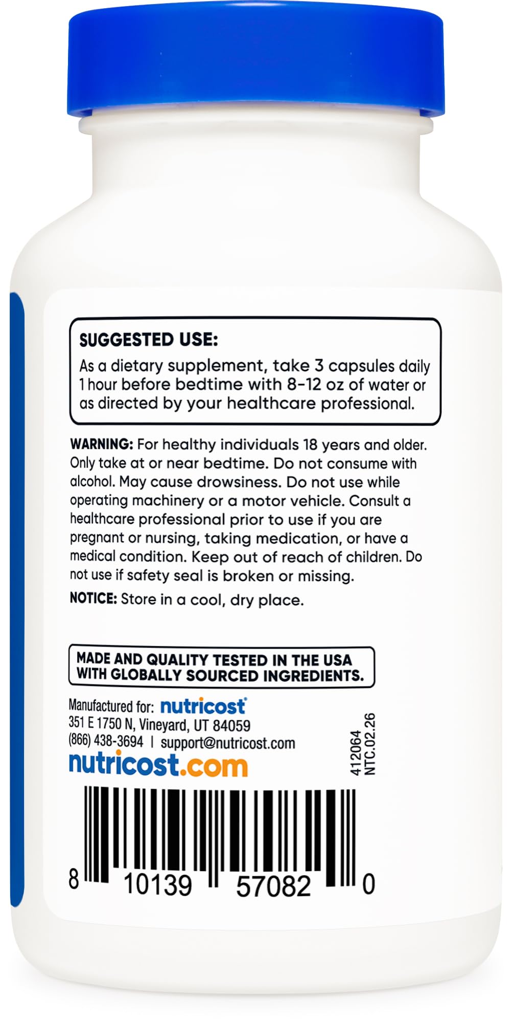Nutricost Sleep Aid Complex imported wellness supplement bottle showing direct USA sourcing and third-party testing seals