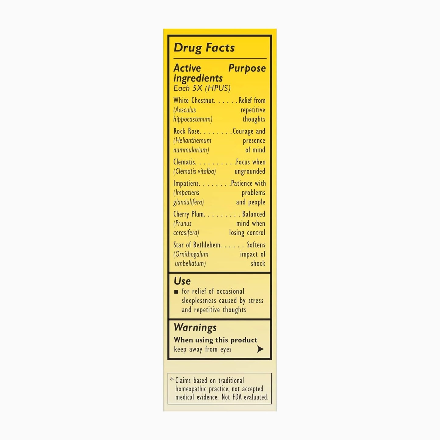 Back label of Bach RESCUE SLEEP 20 Milliliters bottle showing non habit forming ingredients