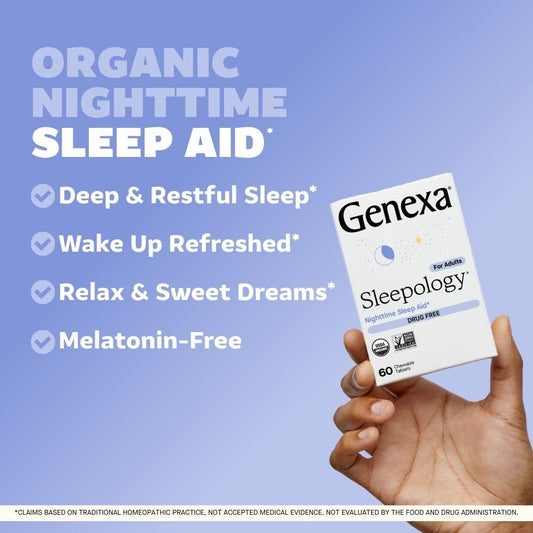 Genexa Sleepology melatonin free 60 chewable tablets bottle highlighting vanilla and lavender flavor