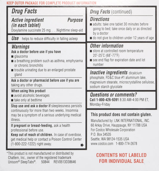 Kirkland Signature Doxylamine Succinate 25 mg two bottle value pack showing product details.