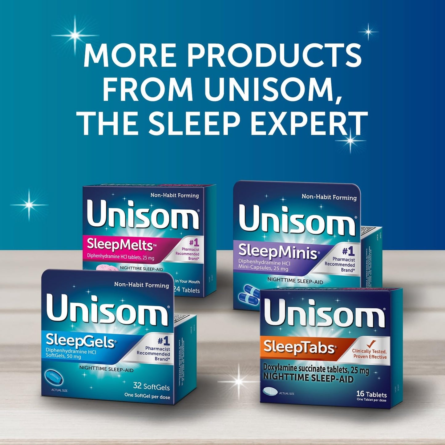 Unisom SleepTabs 48 count bottle displayed on a clean surface