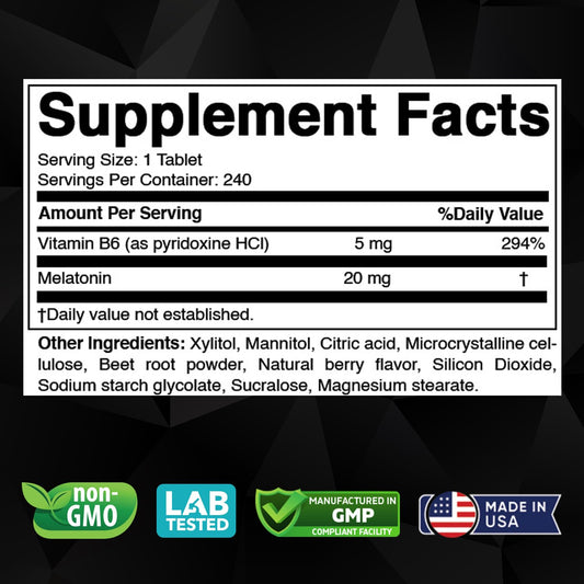 Vitabod high potency sleep supplement berry flavor tablets showing product facts and directions.