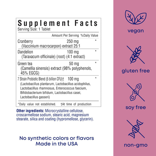 Her Own UTI vaginal flora and pH balance dietary supplement bottle showing key ingredient highlights.