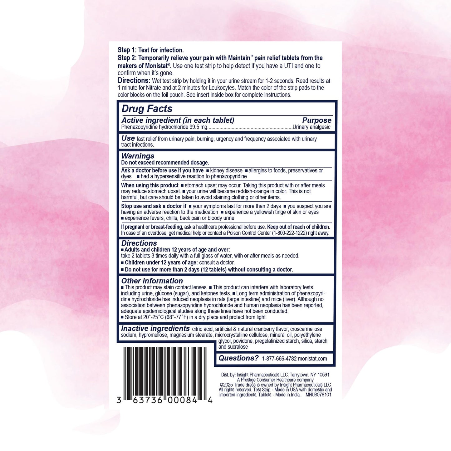 Full contents of the Monistat Maintain double action urinary health kit arranged against a clean background