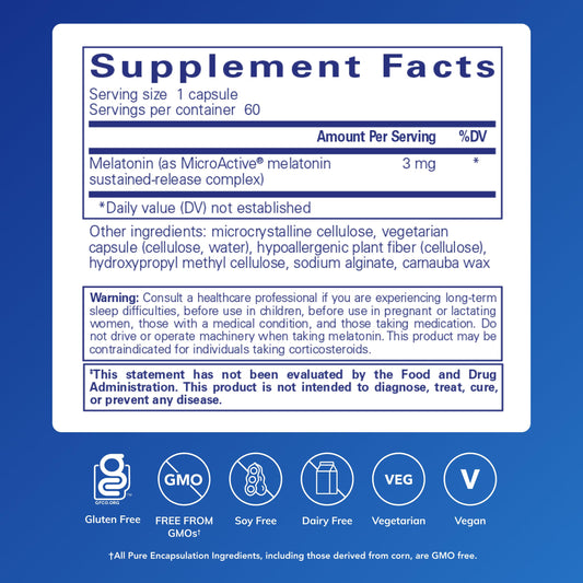Pure Encapsulations Melatonin-SR side label showing supplement facts and MicroActive melatonin details