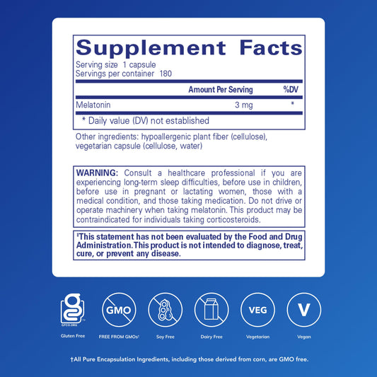 Pure Encapsulations Melatonin supplement facts label showing 3 milligrams dosage