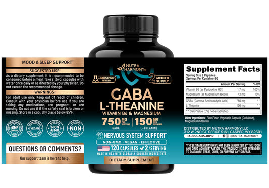 Nutraharmony stress relief supplement showing dietary facts and vegan certification on the label.