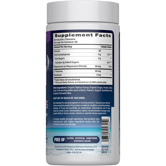 Natural Vitality Calm Sleep dietary supplement side panel showing nutrition facts and clean plant based ingredients