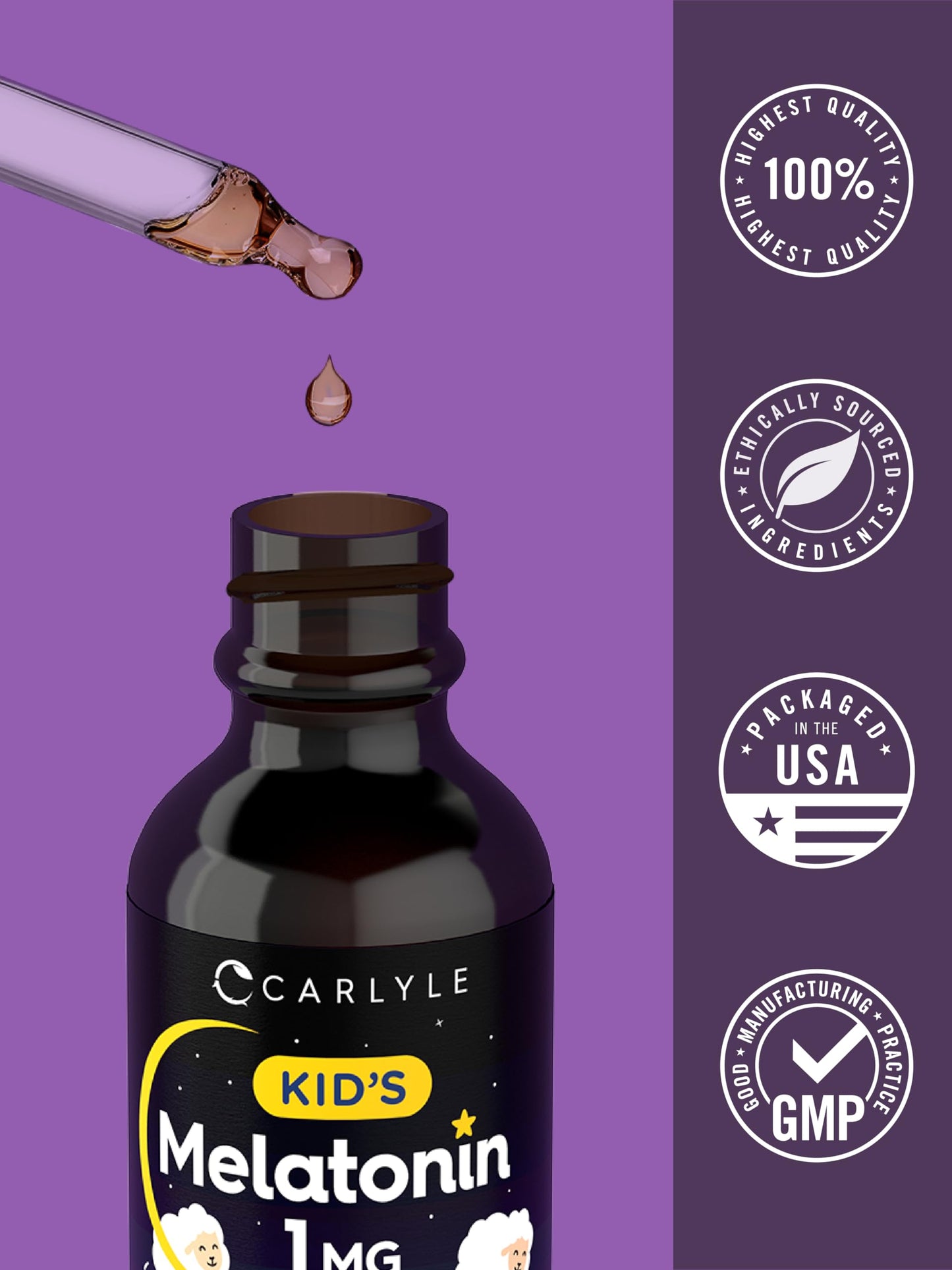Carlyle Kids Melatonin packaging demonstrating the drug-free formula certifications