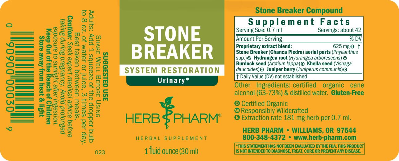 Full packaging view of Herb Pharm Stone Breaker herbal supplement for urinary system restoration