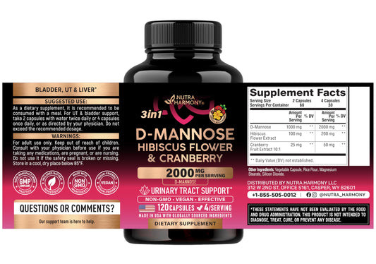 NutraHarmony urinary health supplement showing supplement facts and clean ingredient list on the side label.