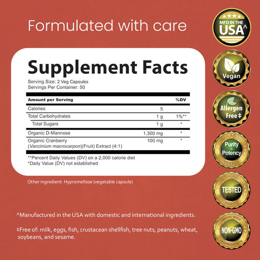 NaturaLife Labs D-Mannose with Cranberry Extract supplement facts panel showing ingredient details