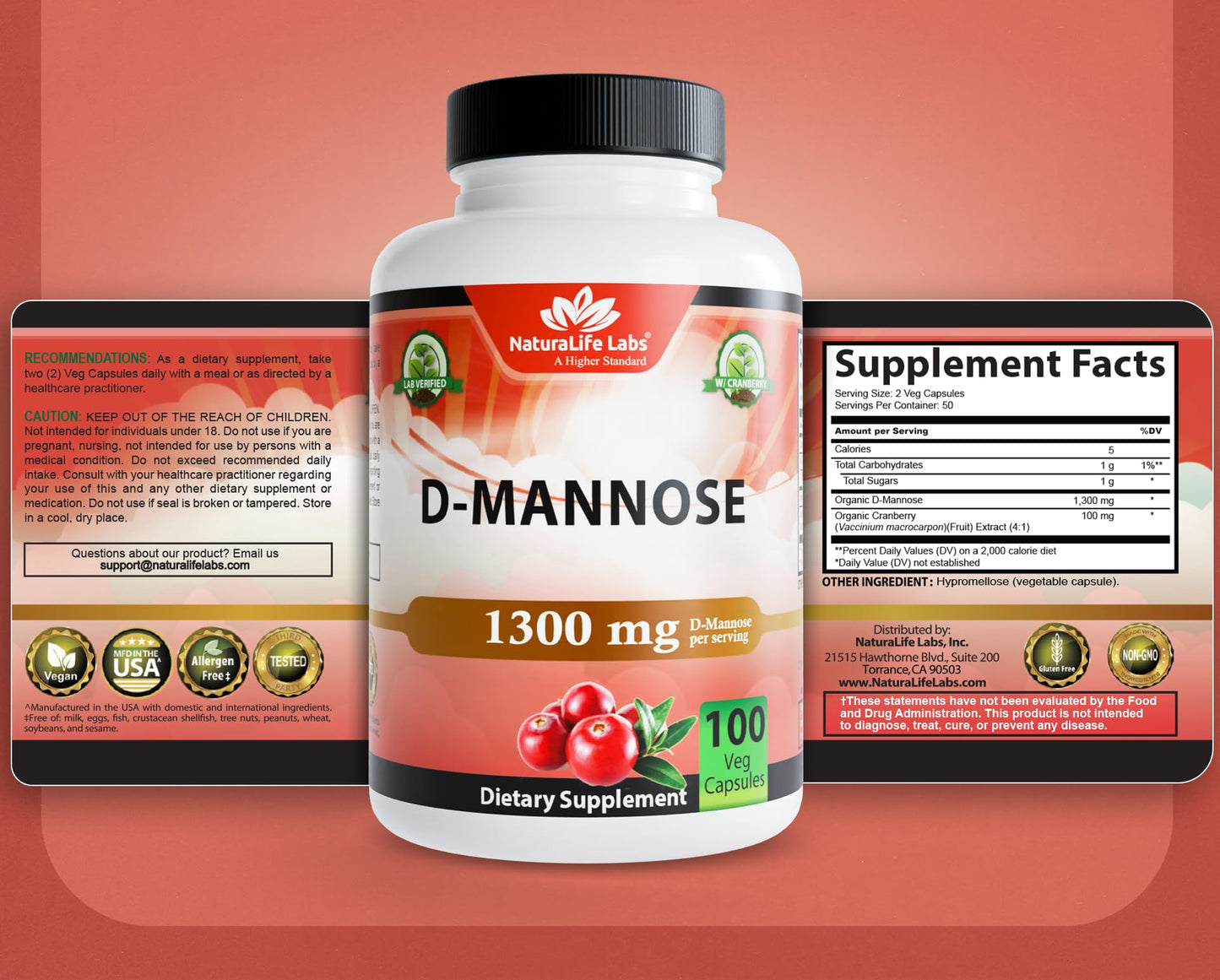 NaturaLife Labs 1300mg D-Mannose dietary supplement bottle showcasing manufacturing excellence