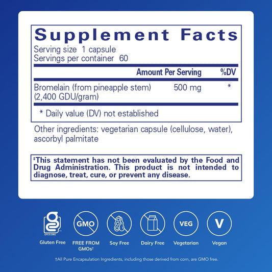 Pure Encapsulations Bromelain 500 mg supplement label details