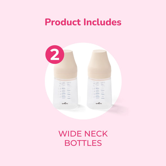 Spectra baby bottles showing wide neck flange compatibility