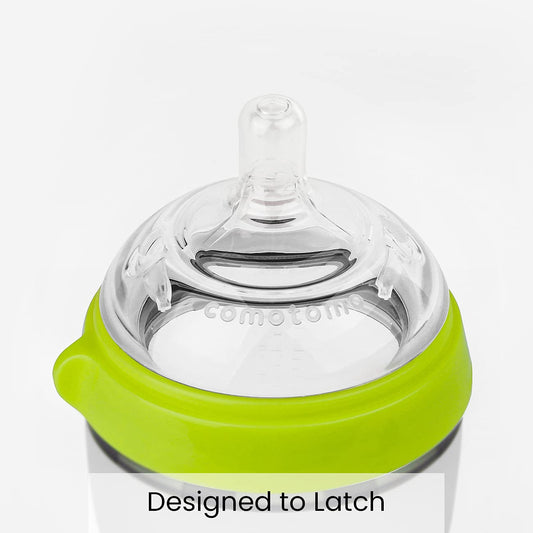 Comotomo 8 ounce silicone baby bottle showing wide neck design