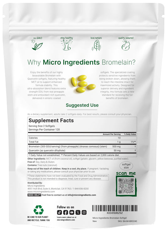 Close up of Micro Ingredients bromelain supplement nutritional facts label