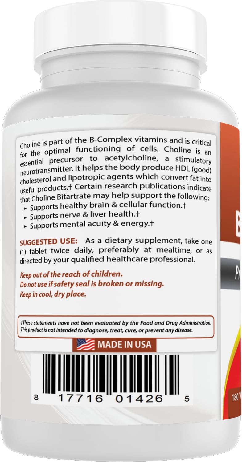 Best Naturals Choline Bitartrate 180 count bottle packaging
