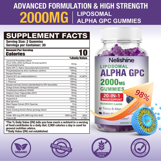 Nelishine Citicoline nootropic chewable supplement bottle displaying blueberry flavor.