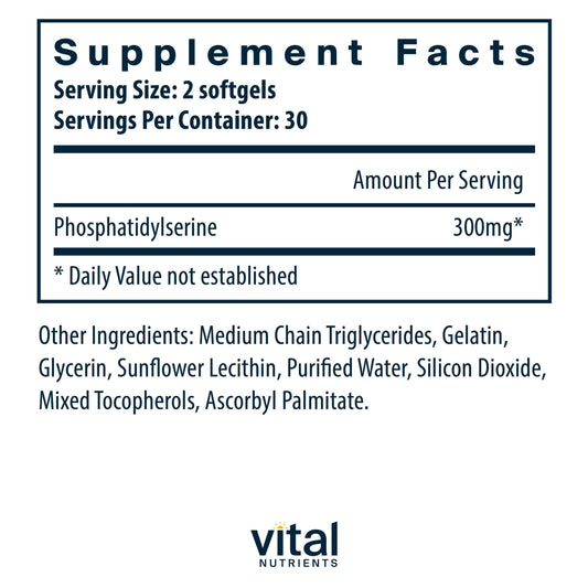 Close up of Vital Nutrients Phosphatidylserine supplement facts label