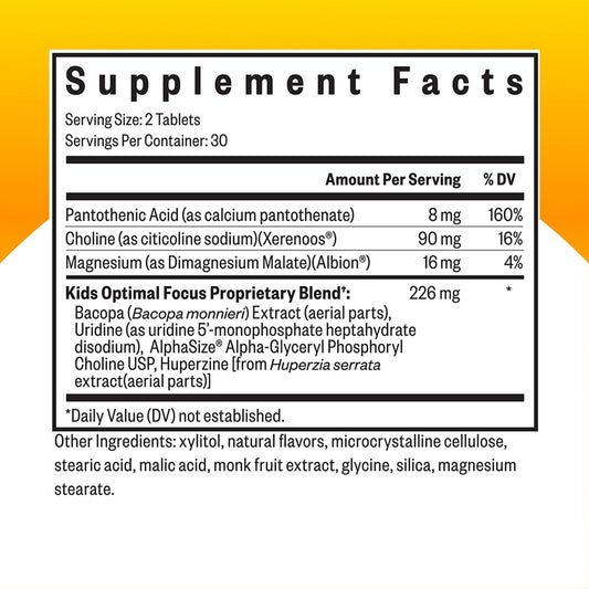 Seeking Health Kids Optimal Focus chewable tablets supplement label