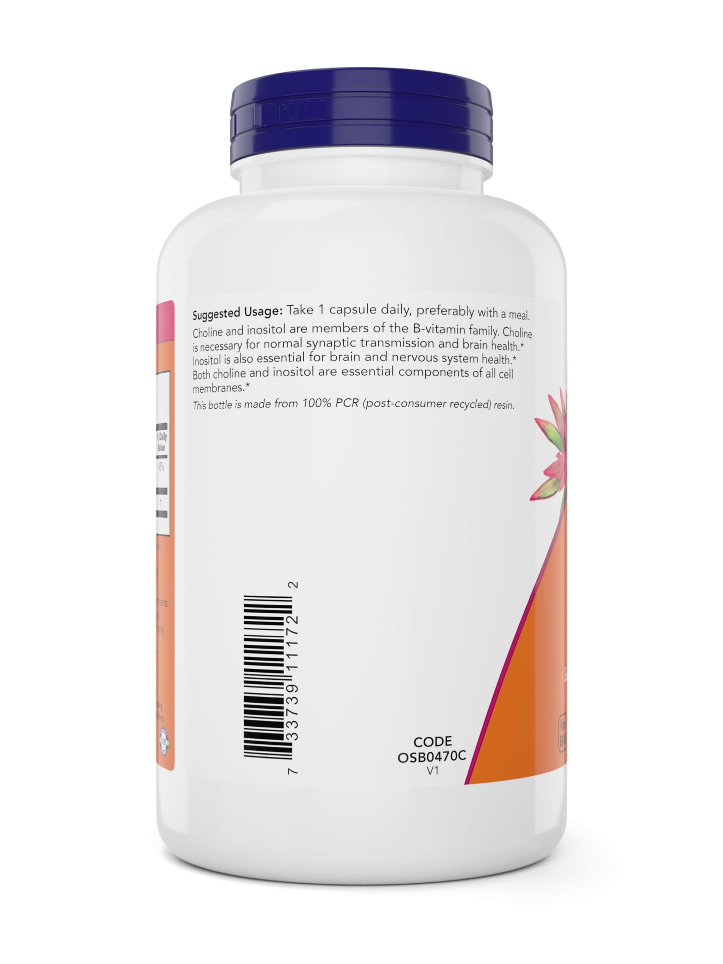 Side view of 180 count Now Foods Choline and Inositol dietary supplement