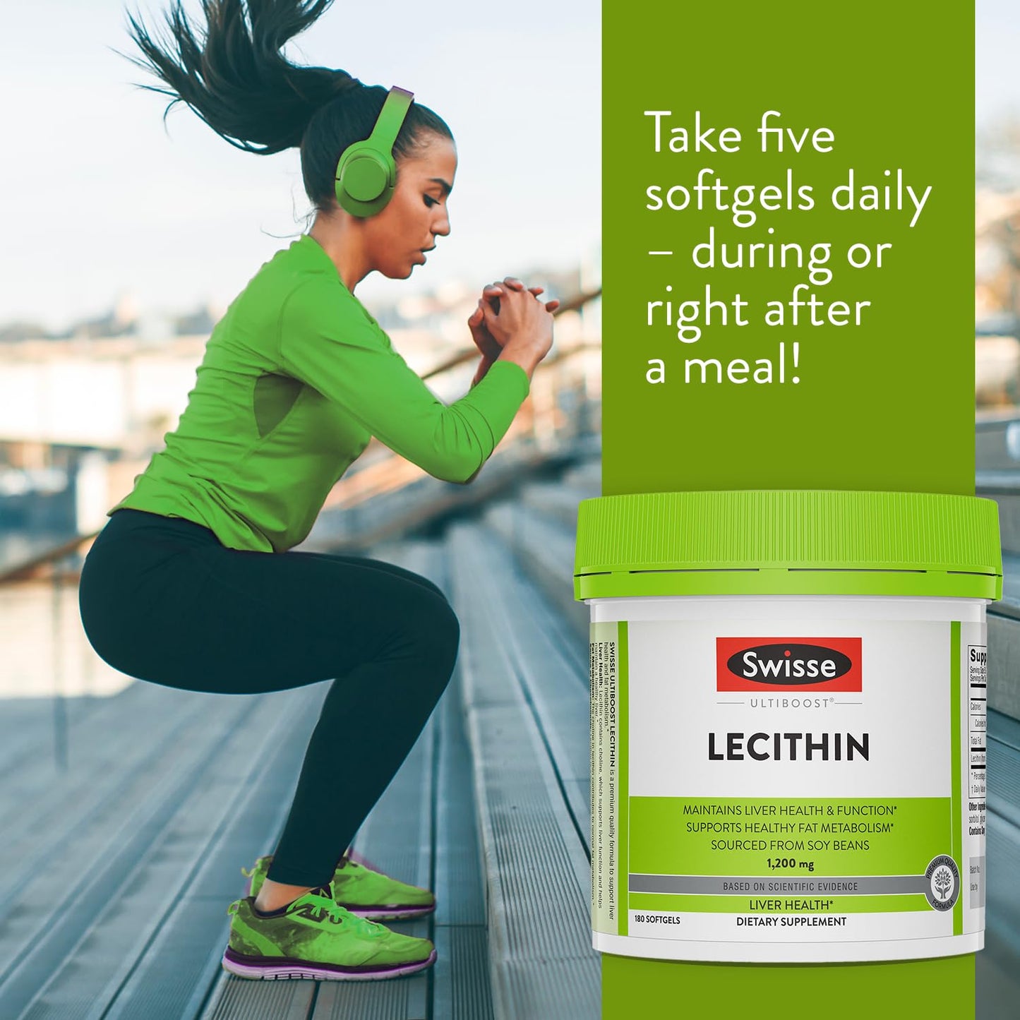 Swisse soy lecithin capsules side panel showcasing nutritional value facts and expiration details