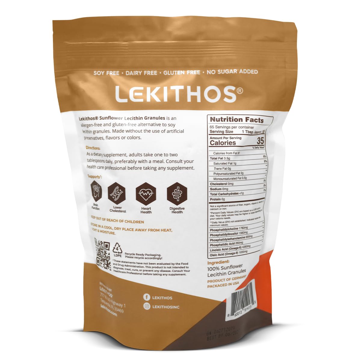 Back view of Lekithos Sunflower Lecithin Granules supplement bag showcasing nutritional facts and clean ingredient list