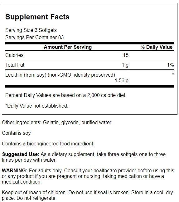 Swanson Vitamins Lecithin 250 softgels nutrition facts and ingredient label closeup