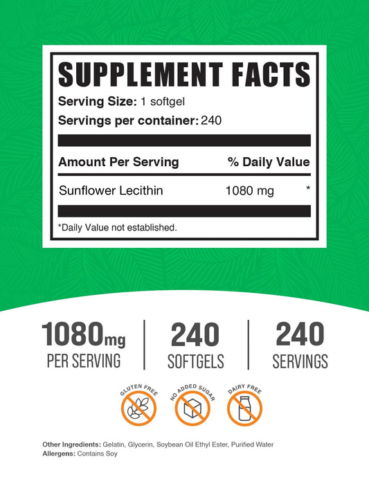 BulkSupplements non soy phospholipid supplement nutrition facts and ingredient list label view.