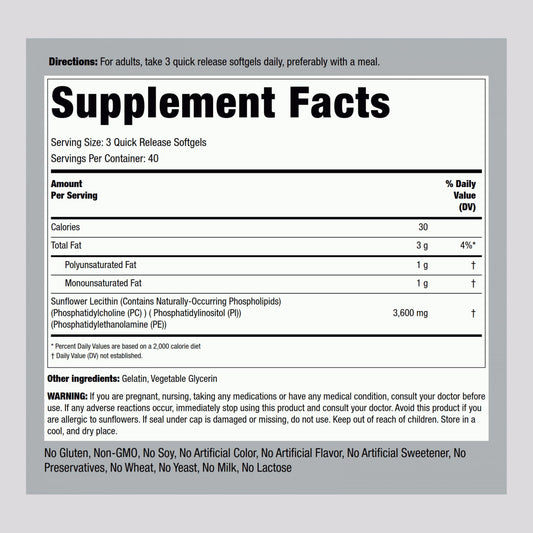 Piping Rock Sunflower Lecithin 3600mg capsules close-up showing quick-release softgel texture