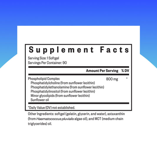 Seeking Health Optimal PC supplement label details highlighting the eight hundred milligram soy free sunflower lecithin formula information.