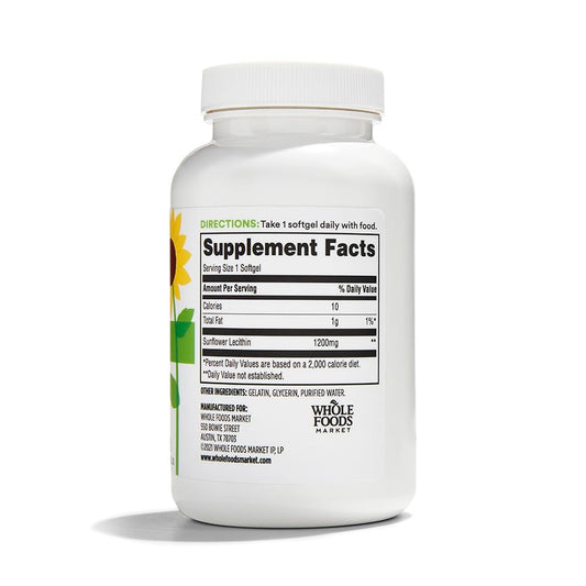 Supplement facts and ingredients label on the back of 365 by Whole Foods Market Sunflower Lecithin 1200mg container