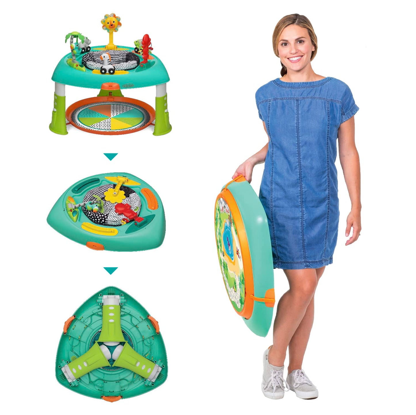 Folded Infantino entertainer showing space-saving storage design
