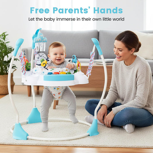 Close up of Infans baby jumper rotating seat and toys