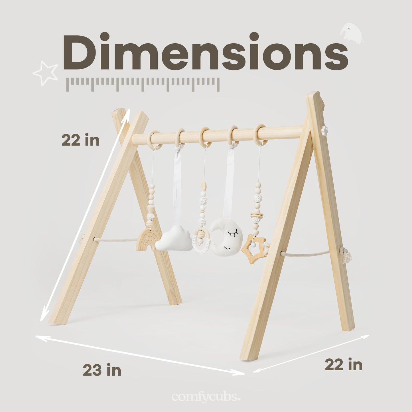 Sensory development toys for infants on wooden gym