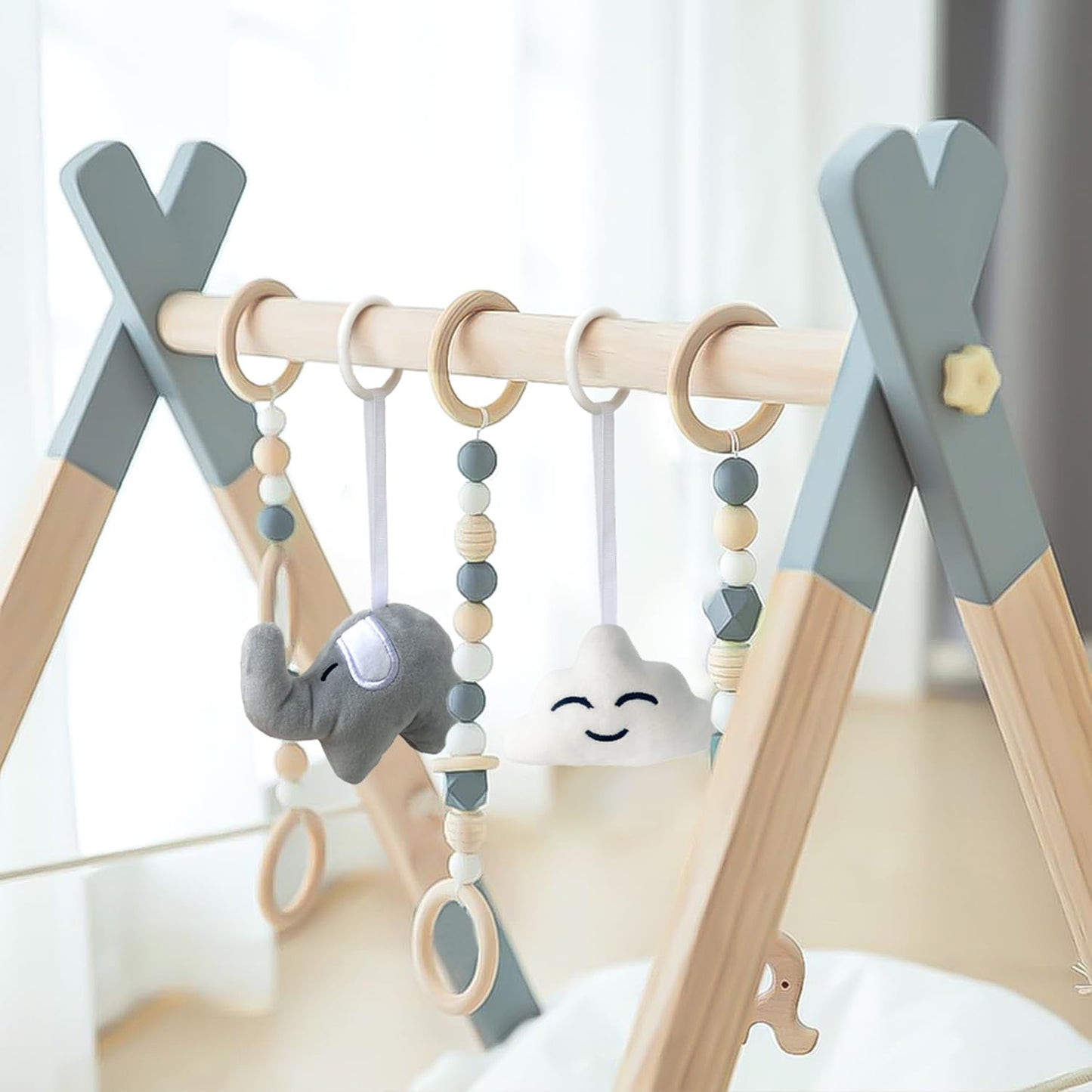 Minimalist wooden baby gym frame highlighting the premium natural wood grain