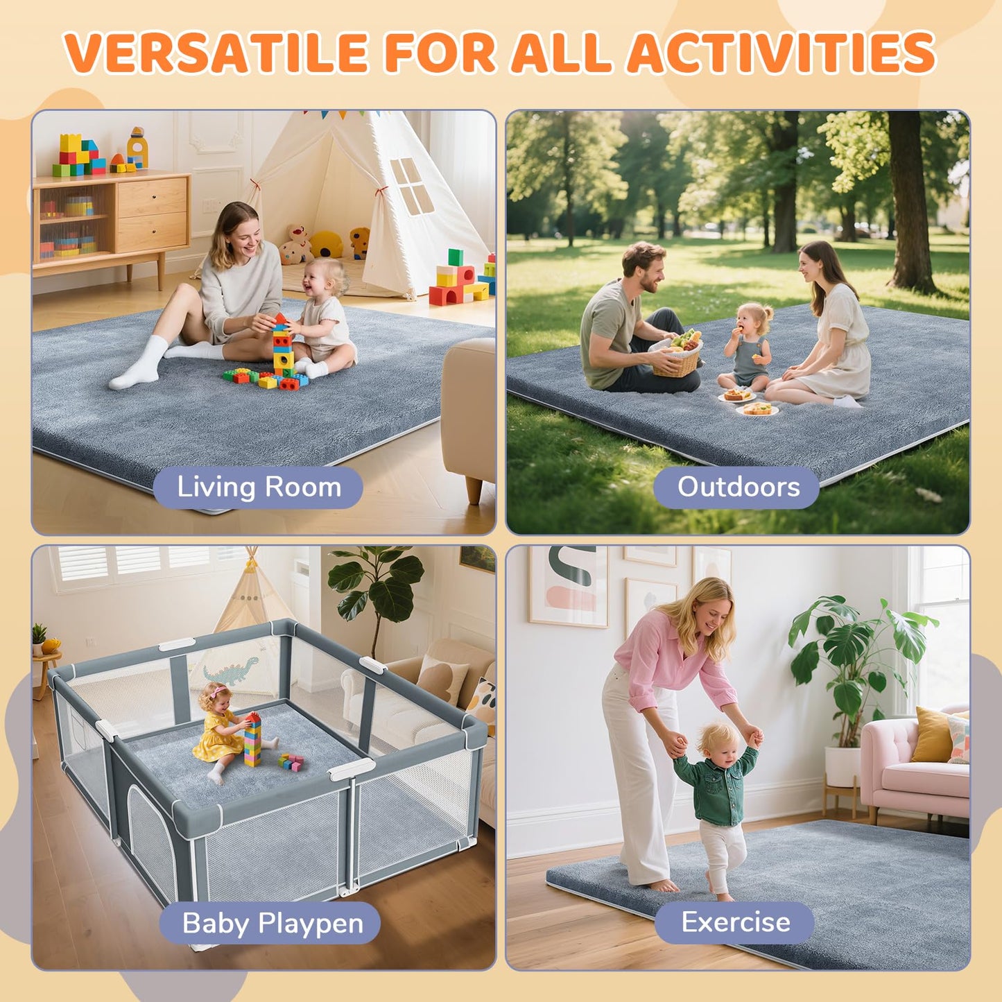 Baby playing comfortably on grey Omzer foam floor mat
