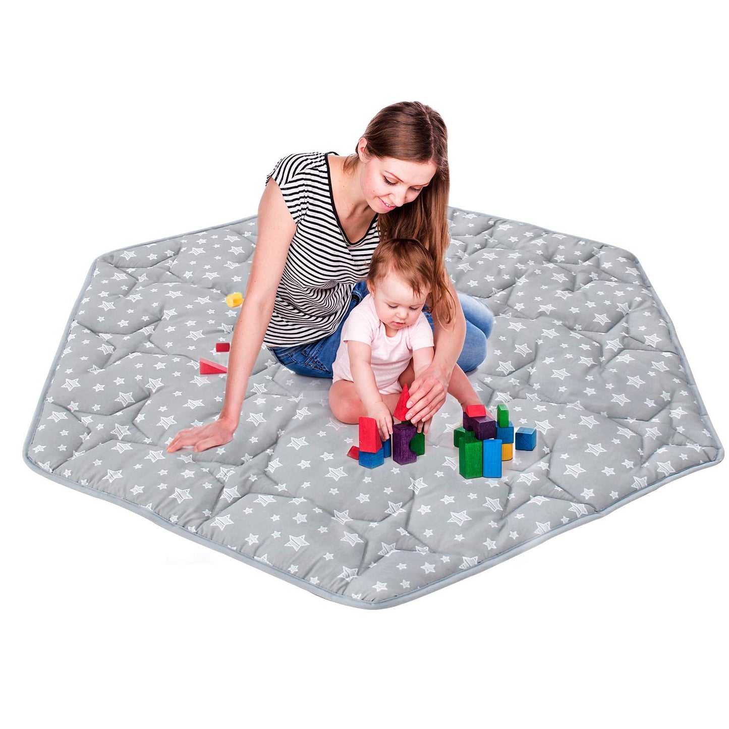 Moonsea hexagon activity floor mat styled in a modern living room setup.