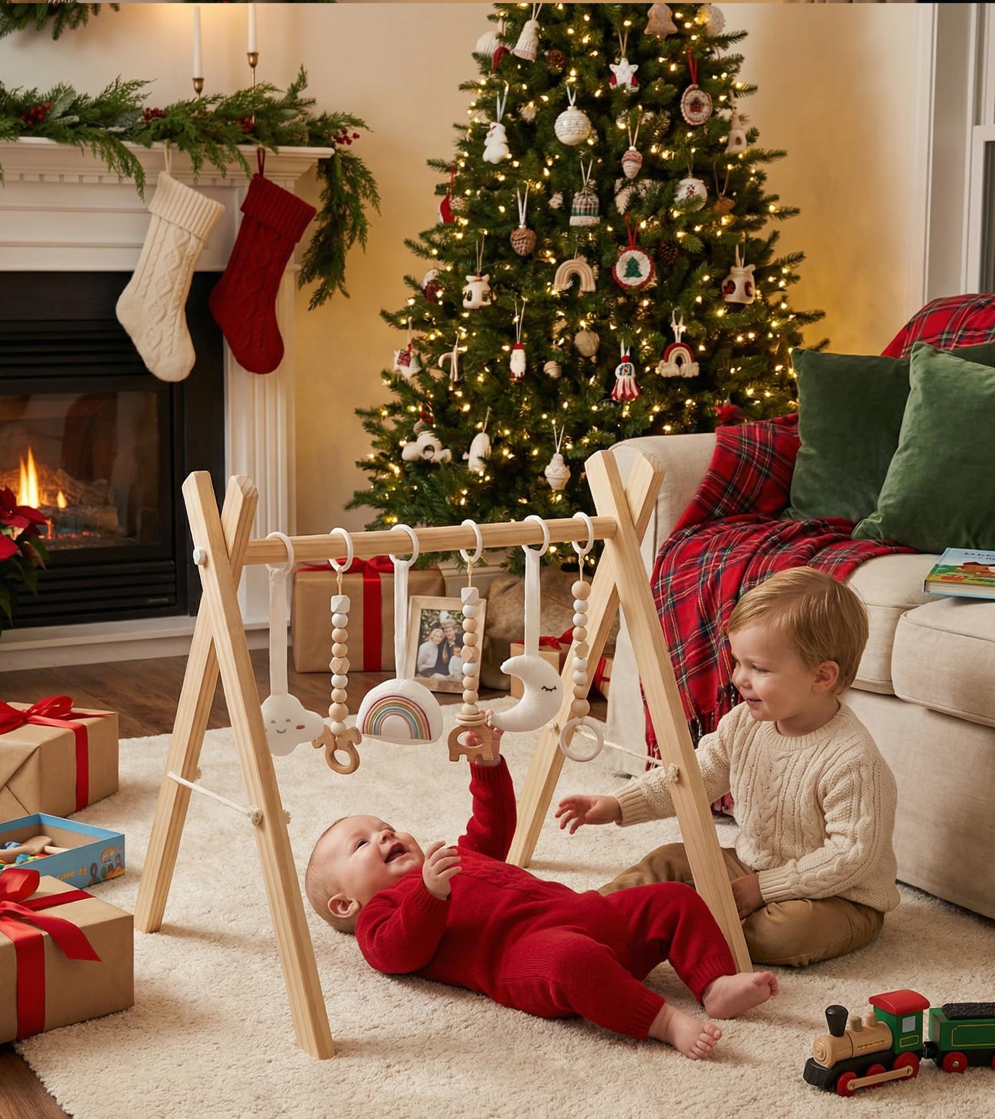 Mallify wooden baby gym with toys set up in a beautifully decorated contemporary home nursery environment.