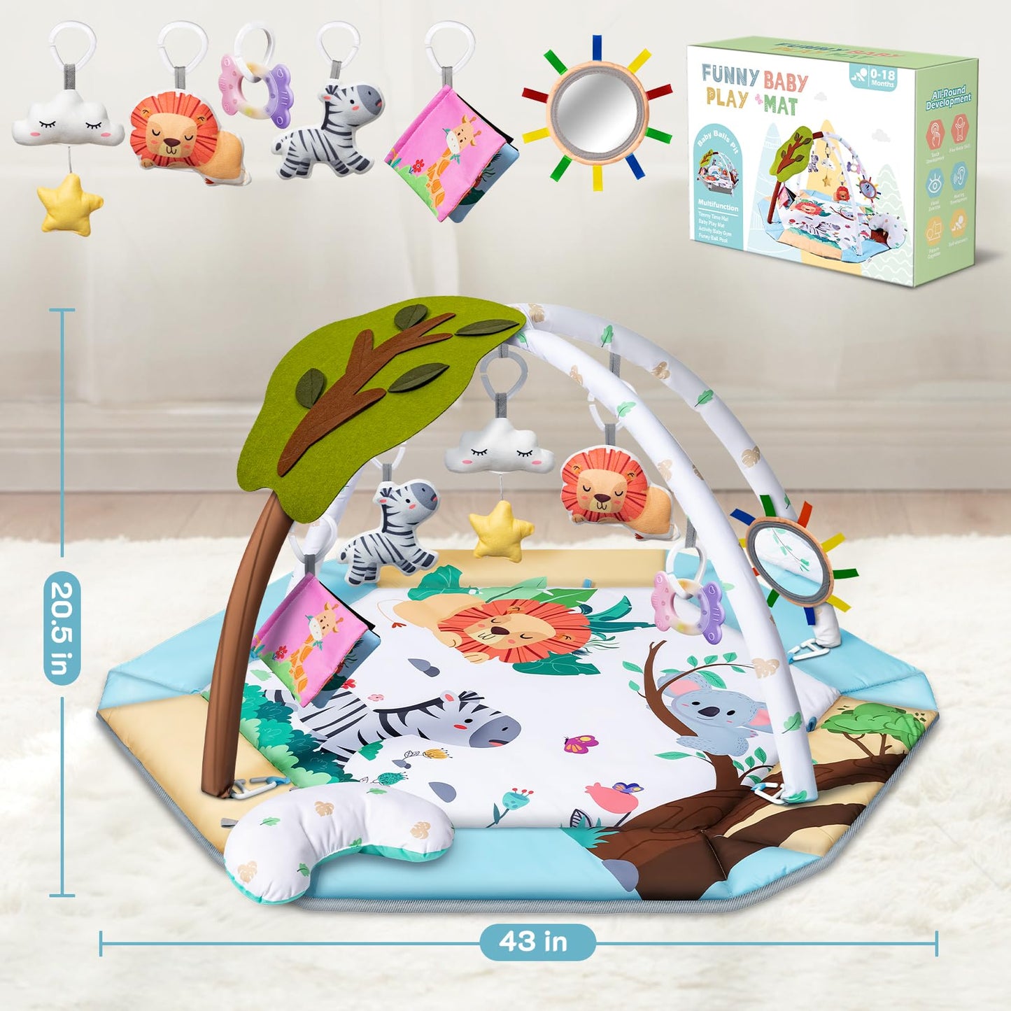 Overview of the complete 8 in 1 baby gym play mat set.