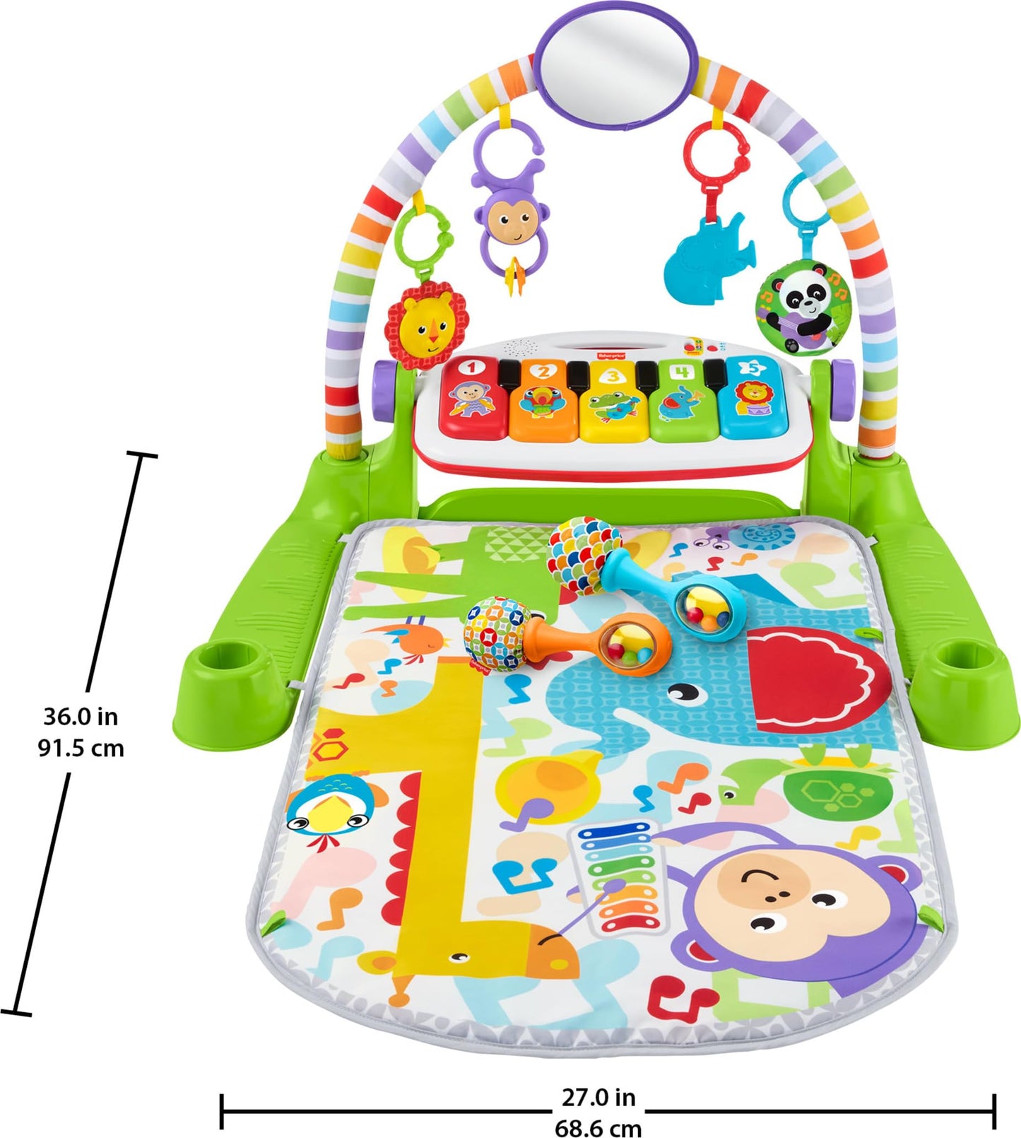 Fisher-Price Deluxe Kick and Play Gym packaging showing the full imported musical bundle contents