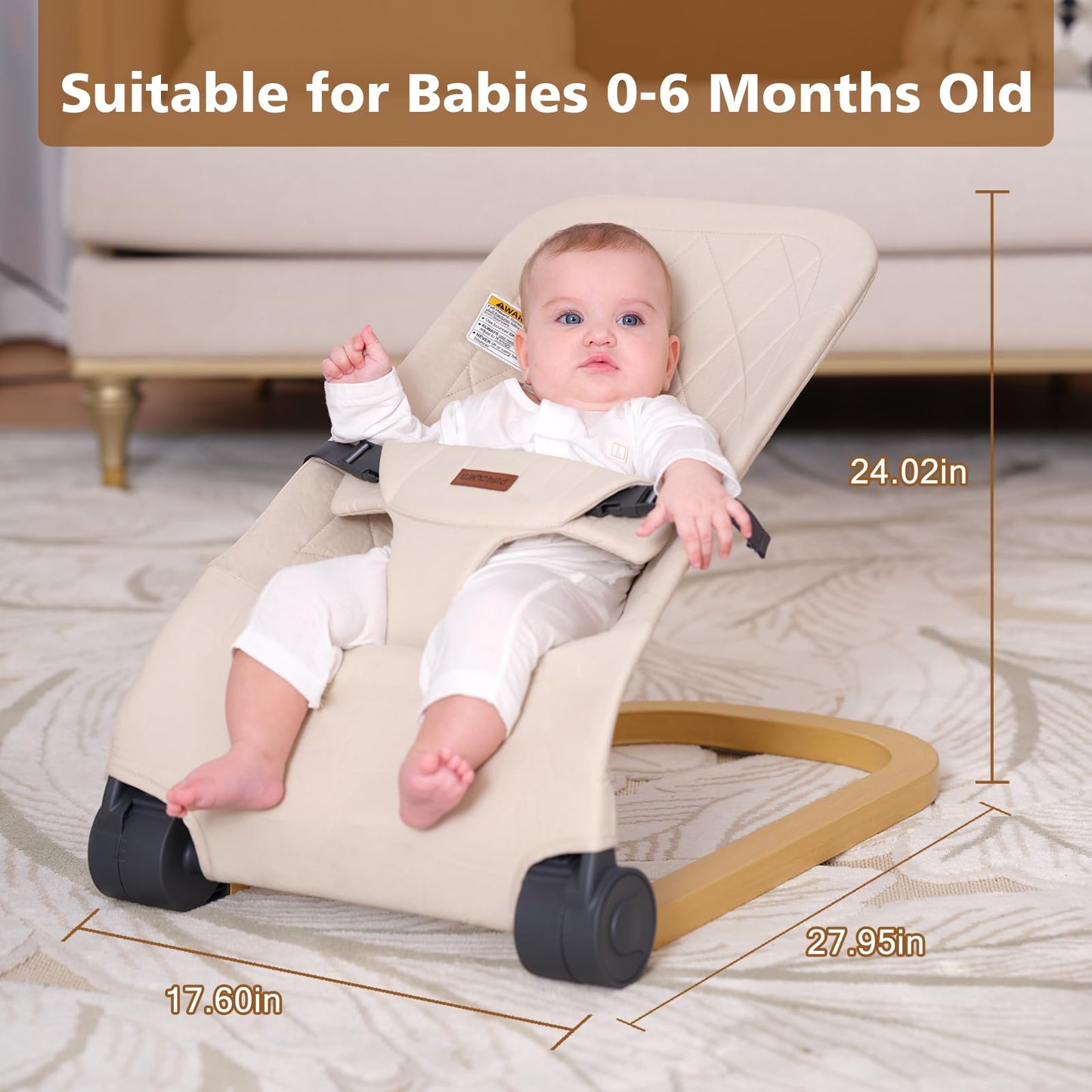 Lifestyle angle of baby in Winchild wood grain style bouncer