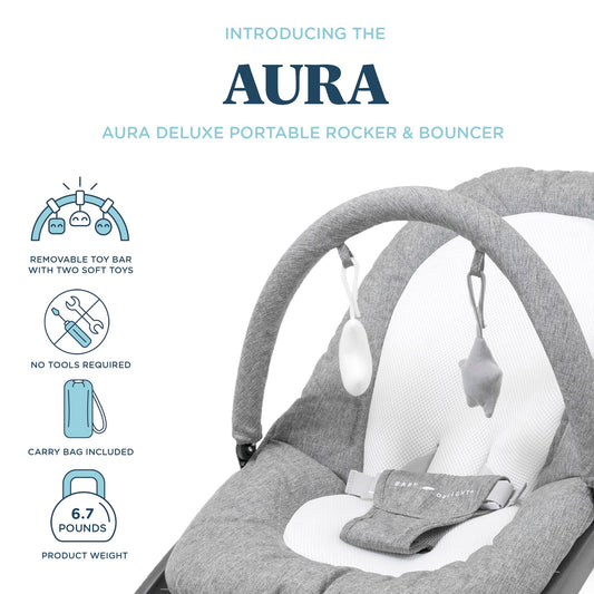 Baby Delight Aura Deluxe baby rocker showing toy bar and plush toys