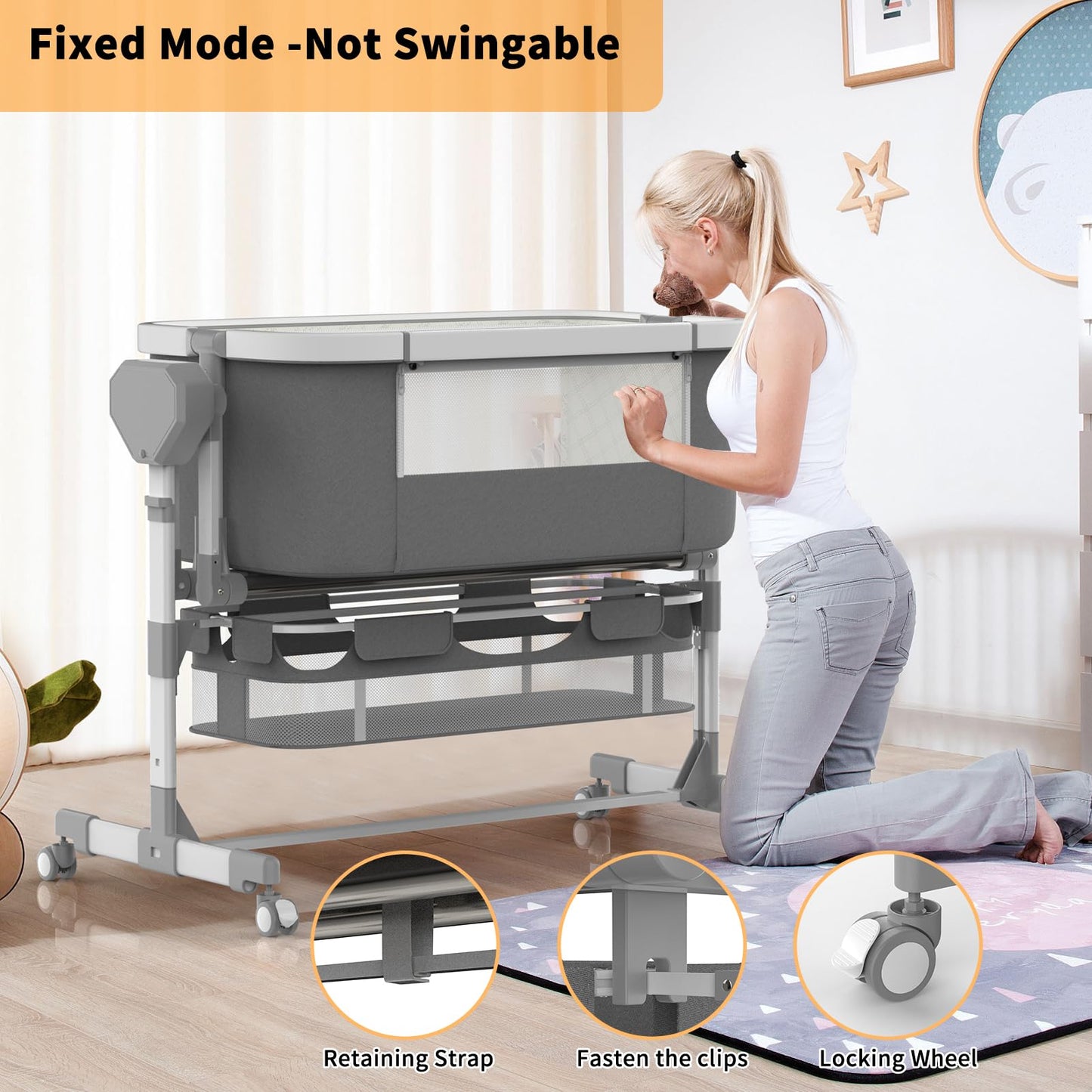 Pionevox bedside bassinet configured next to an adult bed