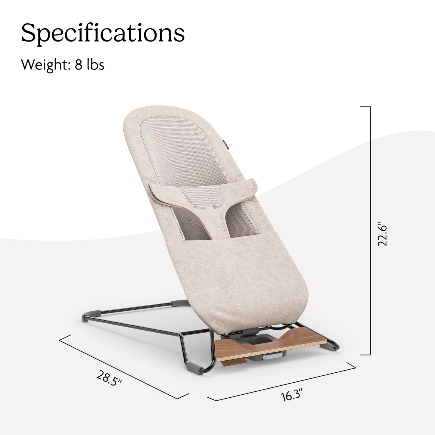 UPPAbaby Mira Bouncer lifestyle shot with walnut wood details