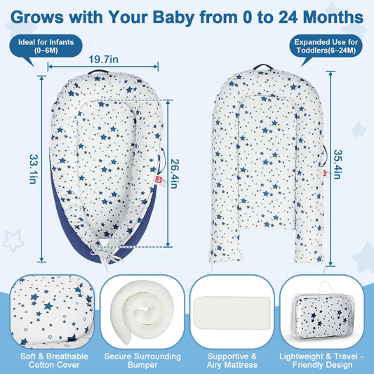 Teeaoe portable baby nest in blue star pattern