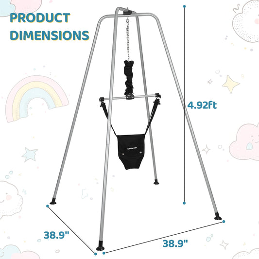Side angle view of Cowiewie baby jumper showing the sturdy tripod stand