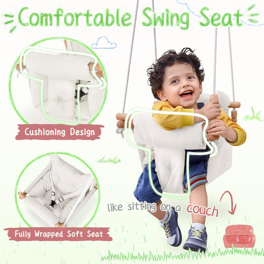 Toddler sitting in beige wooden canvas baby swing