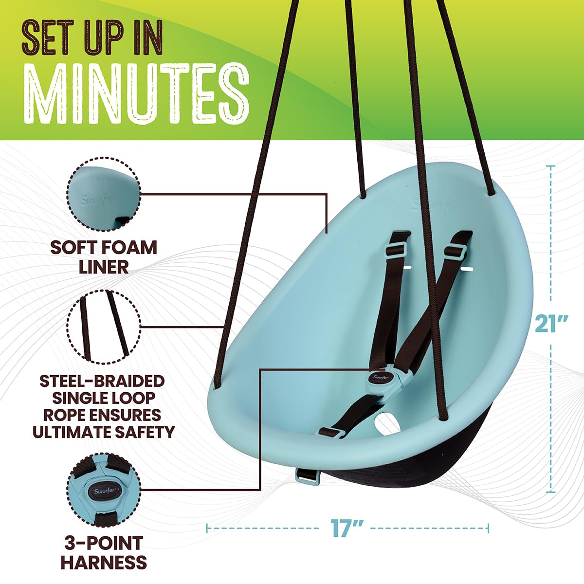 Swurfer Kiwi swing showing soft braided ropes
